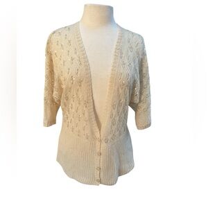 Ann Taylor LOFT Large Cream Ivory Mohair Wool Lace Knit Beaded Cardigan Y2k